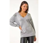 Roman Women's V-Neck Heart Hotfix Detail Jumper in Light Grey | Size: 16 Roman Light Grey 16