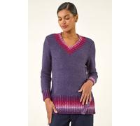 Roman Originals V-Neck Ombre Trim Knit Jumper for Women UK - Ladies Everyday Autumn Winter Comfy Soft Evening Vacation Work Party Night Out - Purple - Size 14