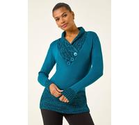 Roman Originals Jumper for Women UK - Ladies Button Detail Embellished Tunic Sweater V-Neck Overlap Autumn Winter Smart Office Work Wear Casual Warm Cosy Pullover Day - Teal - Size 12