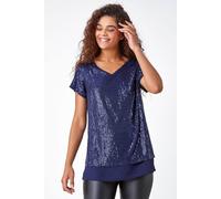 Roman V-Neck Sequin Contrast Hem Tunic Stretch Top In Navy Navy