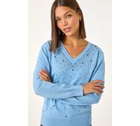 Roman Sparkly Jumper for Women UK - Ladies Sweater Smart Casual Lightweight V Neck Knitwear Knitted Knit Top Winter Office Work Shiny Glitter Party Going Out Sequin - Sparkle Blue - Size 16