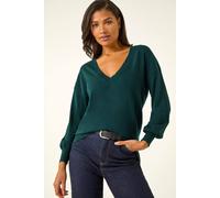 Roman Originals V-Neck Jumper for Women UK Ladies Boyfriend Fit Slouch Sweater Winter Autumn Textured Casual Flattering Knit Pullover Knitwear Daywear Lightweight Lounge - Dark Green - Size 16