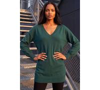Roman Originals V-Neck Jumper for Women UK Ladies Boyfriend Fit Slouch Sweater Winter Autumn Textured Casual Flattering Knit Pullover Knitwear Daywear Lightweight Lounge - Dark Green - Size 14