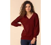 Roman Originals V-Neck Jumper for Women UK Ladies Boyfriend Fit Slouch Sweater Winter Autumn Textured Casual Flattering Knit Pullover Knitwear Daywear Lightweight Lounge - Red - Size 20