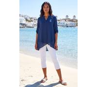 Roman Originals Floral Print Tunic Top for Women UK Ladies Casual Shirt Smart Blouse Asymmetric Wrap Hem Summer Holiday Party Cruise 3/4 Sleeve Longline Oversized - Pale Navy - Size 20