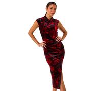 Roman Velvet Side Ruched Stretch Midi Dress for Women UK - Ladies Autumn Everyday Winter Holiday Round Neckline Comfy Sleeveless Soft Velour Fabric Frock Dinner Date Gowns - Red - Size 18