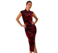 Roman Velvet Side Ruched Stretch Midi Dress for Women UK - Ladies Autumn Everyday Winter Holiday Round Neckline Comfy Sleeveless Soft Velour Fabric Frock Dinner Date Gowns - Red - Size 18