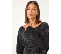 Roman Originals Women Diamante Embellished Jumper Ladies Sparkly Sequin Sweater Batwing Autumn Winter Sparkle Knit Knitwear Glittery Shiny Casual Evening Going Out Party - Noir Silver - Size 14