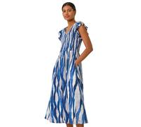 Roman Wave Print Shirred Midi Dress In Blue Blue 16