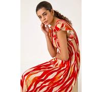 Roman Women's Wave Print Shirred Midi Dress in Red | Size: 14 Roman Red 14