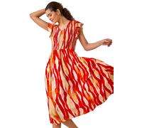 Roman Wave Print Shirred Midi Dress Red 20