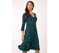 Roman Originals Tea Dress for Women UK Ladies Frill Hem Skater Wrap Jersey Stretchy Fit & Flare Flattering Knee Length Cocktail Party Occasion Holiday Going Out - Teal Noir - Size 14