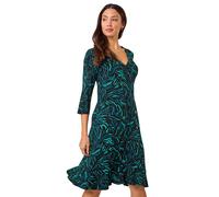 Roman Originals Tea Dress for Women UK Ladies Frill Hem Skater Wrap Jersey Stretchy Fit & Flare Flattering Knee Length Cocktail Party Occasion Holiday Going Out - Teal Noir - Size 16