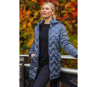 Roman Originals Women Padded Longline Coat with Hood - Ladies Zip Through Autumn Winter Long Length Lightweight Quilted Warm Cosy Everyday Zip Up Casual Jackets Coats - Glossy Steel Blue - Size 18