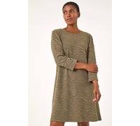Roman Originals Wave Textured Stretch A-Line Dress for Women UK - Ladies Everyday Autumn Winter Round Neckline Comfy Soft Evening Vacation Work Party Night Out - Khaki - Size 16
