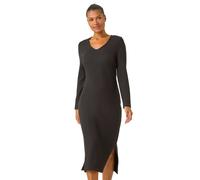 Roman Originals Wave Textured V-Neck Stretch Midi Dress for Women UK - Ladies Everyday Autumn Winter Round Neckline Comfy Soft Evening Vacation Work Party Night Out - Black - Size 20