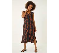 Roman Originals Wave Zip Front Midi Shift Dress for Women UK - Ladies Everyday Holiday Spring Summer V-Neckline Comfy Soft Evening Vacation Work Party - Tan - Size 12