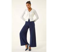 Roman Originals Wide Leg Trousers for Women UK Ladies Palazzo Pants Evening Jersey Elasticated High Waist Smart Flared Culotte Office Work Going Out Loose Crepe Bottoms - Navy - Size 16