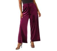 Roman Wide Leg Velvet Stretch Trousers for Women UK - Ladies Autumn Everyday Winter Holiday High Waisted Comfy Pull On Soft Pants Warm Feel Bottoms - Petite Plum - Size 12
