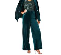 Roman Wide Leg Velvet Stretch Trousers for Women UK - Ladies Autumn Everyday Winter Holiday High Waisted Comfy Pull On Soft Pants Warm Feel Bottoms - Petite Forest Green - Size 16