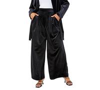 Roman Wide Leg Velvet Stretch Trousers for Women UK - Ladies Autumn Everyday Winter Holiday High Waisted Comfy Pull On Soft Pants Warm Feel Bottoms - Petite Black - Size 12