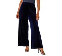 Roman Wide Leg Velvet Stretch Trousers for Women UK - Ladies Autumn Everyday Winter Holiday High Waisted Comfy Pull On Soft Pants Warm Feel Bottoms - Petite Midnight Blue - Size 8