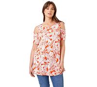 Roman Women Curve Leaf Print Cold Shoulder Jersey Top - Ladies Spring Everyday Summer Holiday Round Neckline Comfy Short Sleeve Soft All-Over Shirt Jersey Blouses - Orange - Size 30