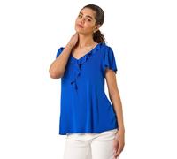 Roman Women Frill Front Vest Top Ladies Ruffle Blouse Summer Spring Special Occasion Evening Holiday Cruise Cocktail Party Short Long Sleeve Sleeveless V-Neck - Satin Royal Blue - Size 10