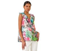 Roman Originals Women Frill Front Vest Top Ladies Ruffle Blouse Summer Spring Special Occasion Evening Holiday Cruise Cocktail Party Short Long Sleeve Sleeveless V-Neck - Multi Tropical - Size 14