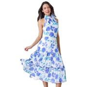 Roman Women Halterneck Midi Dress - Ladies Halter Neckline Maxi Spring Everyday Summer Holiday Sleeveless Soft Tie Waist Detail Keyhole Neck Gown Vacation Frocks - White Turquoise - Size 18