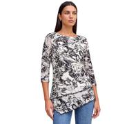 Roman Women Hanky Hem Tunic Ladies Top Asymmetric Hemline Blouse Double Layer Mesh Overlay Jersey Stretchy Summer Spring Flattering 3/4 Sleeve Smart Casual Work - Noir Floral - Size 14