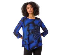 Roman Women Hanky Hem Tunic Ladies Top Asymmetric Hemline Blouse Double Layer Mesh Overlay Jersey Stretchy Summer Spring Flattering 3/4 Sleeve Smart Casual Work - Royal Blue - Size 12