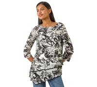Roman Women Hanky Hem Tunic Ladies Top Asymmetric Hemline Blouse Double Layer Mesh Overlay Jersey Stretchy Summer Spring Flattering 3/4 Sleeve Smart Casual Work - Noir Floral - Size 12