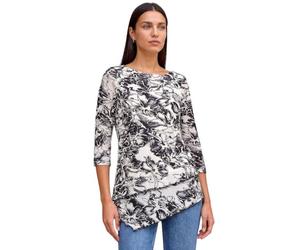 Roman Women Hanky Hem Tunic Ladies Top Asymmetric Hemline Blouse Double Layer Mesh Overlay Jersey Stretchy Summer Spring Flattering 3/4 Sleeve Smart Casual Work - Noir Floral - Size 20
