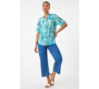 Roman Originals Floral Print V-Neck Top for Women UK - Ladies Everyday Holiday Spring Summer V-Neckline Comfy Soft Evening Vacation Work Party - Blue Abstract - Size 14