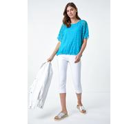 Roman Abstract Check Print Blouson Top for Women UK - Ladies Spring Everyday Summer Holiday Round Neckline Comfy Short Sleeve Soft Inner Vest Blouse Vacation Shirts - Turquoise - Size 10