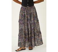Roman Originals Gypsy Maxi Skirt for Women UK Ladies Tiered Bohemian Long Ankle Length Cotton Elasticated Waistband High Waist Monochrome Lounge Lightweight Holiday - Black Abstract - Size 10