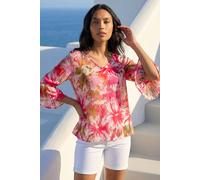 Roman Abstract Print Frill Detail Top for Women UK - Ladies Everyday Summer Holiday V-Neckline Comfy 3/4 Sleeve Soft Relaxed Fit Shirt Daywear Vacation Blouses - Abstract Floral Pink - Size 20