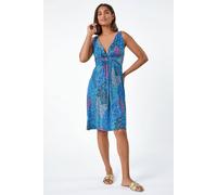 Roman Abstract Floral Stretch Jersey Dress for Women UK - Ladies Spring Everyday Summer Holiday V-Neckline Comfy Sleeveless Soft Knee Length Frock Fit & Flare Gowns