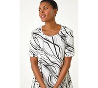 Roman Originals Textured Fan Print Stretch Hanky Hem Top for Women UK - Ladies Everyday Holiday Spring Summer Round Neckline Comfy Soft Evening Vacation Work Party - Ivory & Noir - Size 10