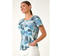 Roman Originals Contrast Print Stretch Top for Women UK - Ladies Everyday Holiday Spring Summer Round Neckline Comfy Soft Evening Vacation Work Party - Abstract Blue - Size 20