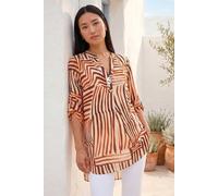 Roman Originals Shirt for Women UK Ladies Longline Top Collarless Blouse Smart Tunic Casual Evening Relaxed Fit 3/4 Length Sleeve Notch V Neck Long - Abstract Orange - Size 14