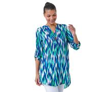 Roman Originals Shirt for Women UK Ladies Longline Top Collarless Blouse Smart Tunic Casual Evening Relaxed Fit 3/4 Length Sleeve Notch V Neck Long - Blue Green - Size 10
