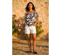 Roman Bardot Top Off Shoulder Blouse for Women UK - Ladies Floral Print Shirt Palm Leaf Tropical Ditsy Cold Shoulder Jersey Frill Cuff Summer Spring Holiday - Noir Abstract - Size 18