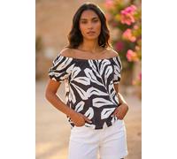 Roman Bardot Top Off Shoulder Blouse for Women UK - Ladies Floral Print Shirt Palm Leaf Tropical Ditsy Cold Shoulder Jersey Frill Cuff Summer Spring Holiday