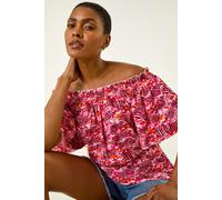 Roman Originals Abstract Print Bardot Top for Women UK - Ladies Everyday Holiday Spring Summer Comfy Soft Evening Vacation Work Party - Pink - Size 10