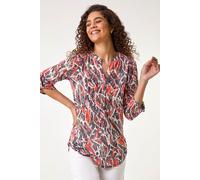 Roman Originals Shirt for Women UK Ladies Top Collarless Blouse Stretchy Tunic Smart Casual Autumn Winter Jersey 3/4 Length Sleeve Notch V Neck Flattering Office Work - Red Multi - Size 10