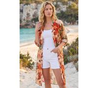 Roman Floral Print Longline Blouse for Women UK - Ladies Spring Everyday Summer Holiday V-Neckline Comfy Long Sleeve Soft Button Up Shirt Vacation Beach Tops - Abstract Orange - Size 18