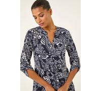 Roman Originals Shirt for Women UK Ladies Top Collarless Blouse Stretchy Tunic Smart Casual Autumn Winter Jersey 3/4 Length Sleeve Notch V Neck Flattering Office Work - Abstract Black White - Size 18