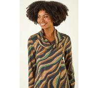 Roman Women's Cowl Neck Long Sleeve Tunic Ladies Lightweight Longline Patterned Top Blouse Snit Autumn Winter Work & Casual Smart Wear Going Out Party Loungewear - Tan Noir - Size 20